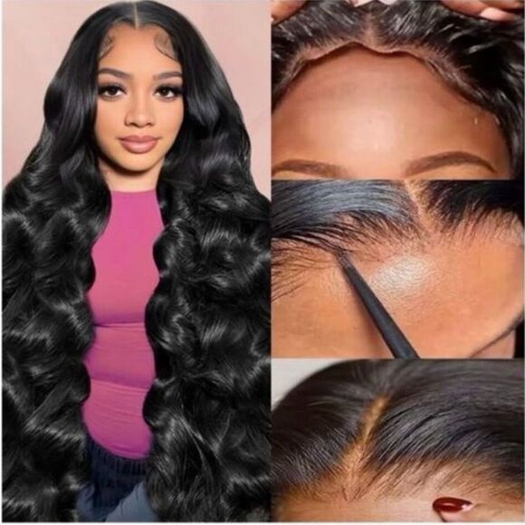 28” Long Human Hair Wig Wavy Front Lace Natural Black Full Glueless - Picture 2 of 10